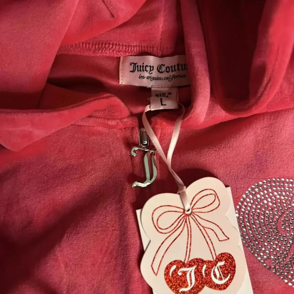 Juicy Couture Pink Velour Rhinestone Heart Tracksuit Set Hoodie Pants L NWT